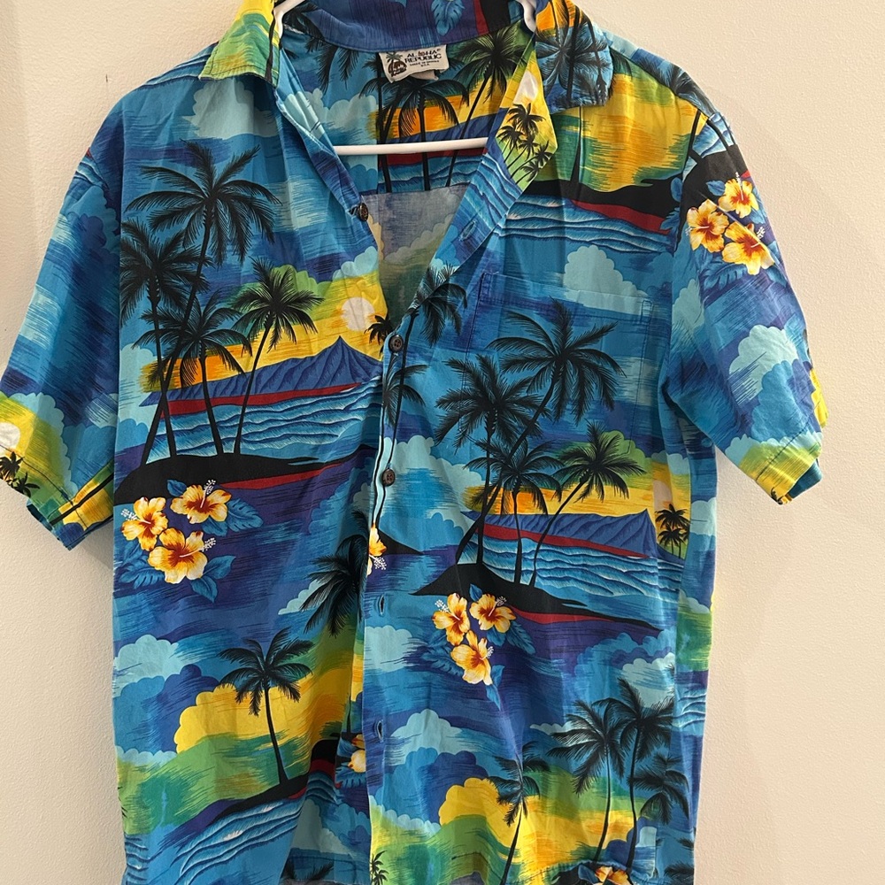 Aloha Republic Vintage Hawaiian Shirt Men’s M Blue And Yellow Sunset Palm Trees